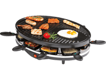 Charger l'image dans la galerie, Gril à raclette avec divers aliments cuits : crevettes, steak, œuf, légumes. Le gril est noir et argenté.