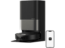 Charger l'image dans la galerie, Un aspirateur robot noir et or avec une station d'accueil et un téléphone affichant une application.