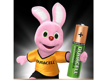 Charger l'image dans la galerie, Un lapin rose Duracell tenant une pile rechargeable Duracell.