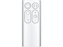 Charger l'image dans la galerie, Une télécommande blanche avec des boutons ronds pour l'alimentation, le volume et deux boutons fléchés pour la navigation.