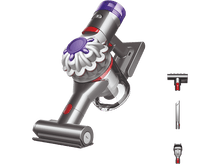 Charger l'image dans la galerie, Aspirateur sans fil Dyson. Argent et violet. Trois accessoires sont présentés.
