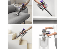 Charger l'image dans la galerie, Quatre images d'un aspirateur en cours d'utilisation : sur un canapé, dans un coin, sur des escaliers et en vidant.