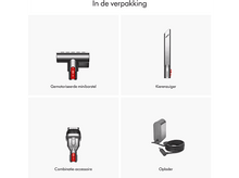 Charger l'image dans la galerie, Quatre accessoires d'aspirateur : une mini-brosse motorisée, un suceur plat, un accessoire combiné et un chargeur.