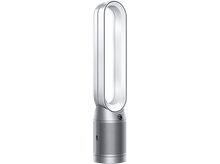 Charger l'image dans la galerie, Ventilateur Dyson argenté avec une sortie d'air ovale blanche et un fond noir.