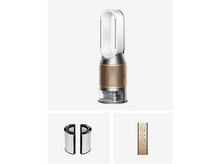 Charger l'image dans la galerie, Purificateur d'air avec pièces de filtre et télécommande. Il est blanc, doré et gris. La télécommande est dorée.