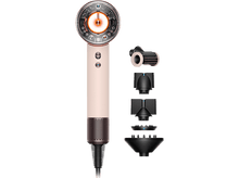 Charger l'image dans la galerie, Un sèche-cheveux Dyson démonté sur fond noir. Les composants comprennent le corps principal et diverses buses.