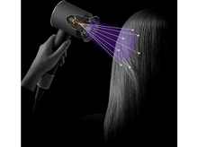 Charger l'image dans la galerie, Une main tient un sèche-cheveux noir, montrant les parties internes. Des rayons violets sont dirigés vers des cheveux longs, raides et gris sur fond noir.