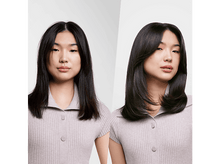 Charger l'image dans la galerie, Une femme aux cheveux noirs, avant et après une coupe de cheveux. Elle porte une chemise beige et a la peau claire.