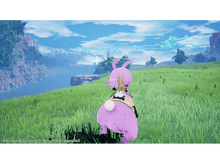 Charger l'image dans la galerie, Une fille chevauchant un grand lapin rose à travers un champ vert avec une rivière.