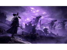 Charger l'image dans la galerie, Une figure encapuchonnée avec un chapeau se tient sur un rocher, regardant un château sous un ciel violet.