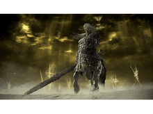 Charger l'image dans la galerie, Un chevalier sur une créature ressemblant à un cheval se tient sur une plaine sablonneuse sous un ciel jaune.