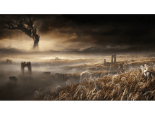 Charger l'image dans la galerie, Paysage avec un grand arbre, un champ d'herbes hautes et des structures lointaines sous un ciel nuageux.