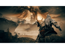 Charger l'image dans la galerie, Un chevalier sur un cheval fait face à un château dans un paysage fantastique. Le ciel est un mélange d'oranges et de gris.