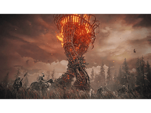 Charger l'image dans la galerie, Structure flamboyante et imposante dans un champ, personnages armés, ciel rouge nuageux.