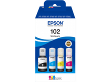 Charger l'image dans la galerie, Cartouches d'encre Epson 102 multipack en bouteilles. Noir, cyan, jaune et magenta. La boîte est bleue et blanche.