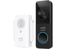 Charger l'image dans la galerie, Ensemble sonnette et carillon Eufy blanc. Sonnette noire avec caméra. Fond noir.