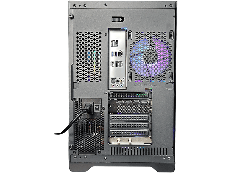 Vue arrière d'un boîtier PC avec composants internes et spécifications.