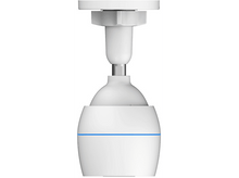 Charger l'image dans la galerie, Caméra de sécurité blanche et cylindrique suspendue au plafond, avec une ligne bleue.