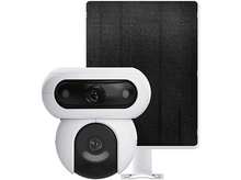 Charger l'image dans la galerie, Caméra de sécurité blanche avec un panneau solaire.