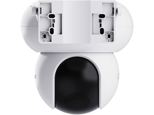 Charger l'image dans la galerie, Une caméra de sécurité blanche, vue de dessous. Lentille et haut-parleur. Boîtier blanc.