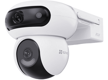 Charger l'image dans la galerie, Caméra de sécurité blanche et noire, montée sur un mur. Caractéristiques : deux objectifs et un design incurvé.