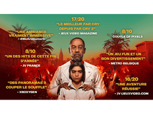 Charger l'image dans la galerie, Couverture du jeu Far Cry 6 avec le personnage principal et les critiques. Le fond montre du feu et des bâtiments.