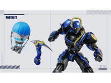 Charger l'image dans la galerie, Image sur le thème de Fortnite avec un ballon bleu, une pioche et un personnage robotique dans le style Transformers.