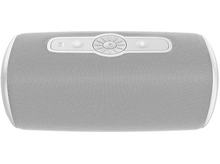 Charger l'image dans la galerie, Haut-parleur rectangulaire blanc avec façade en mesh, vue de dessus, avec boutons et panneau de commande.