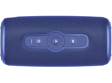 Charger l'image dans la galerie, Un haut-parleur bleu avec des boutons de commande sur le dessus et un extérieur en maille métallique. Fond blanc.