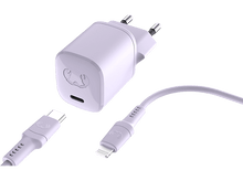 Charger l'image dans la galerie, Chargeur lilas et deux câbles. Un câble est USB-C et l'autre Lightning.