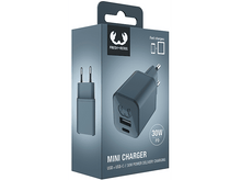 Charger l'image dans la galerie, Un mini chargeur gris et noir dans sa boîte. Avec port USB-C et USB. Texte: Mini Charger.
