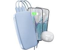 Charger l'image dans la galerie, Batterie externe bleue avec trois câbles connectés. Deux téléphones et un étui d'écouteurs blanc sont montrés.