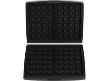Charger l'image dans la galerie, Gaufrier noir ouvert, montrant les plaques de cuisson avec des motifs carrés.