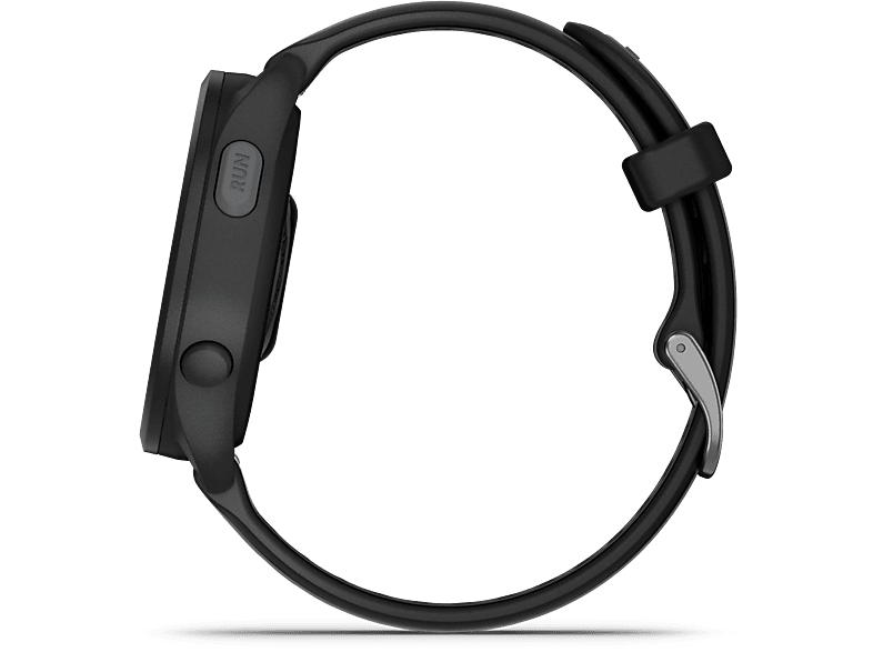 Montre Garmin noire, vue latérale. Un bracelet noir avec une boucle argentée est attaché.