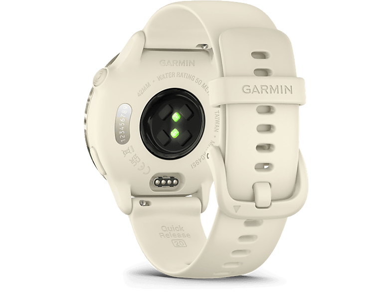 Montre connectée Garmin, couleur crème, vue arrière. Affiche le capteur de fréquence cardiaque et le système de libération rapide. Texte : Garmin, 42mm, Quick Release.