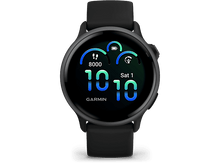 Charger l'image dans la galerie, Smartwatch Garmin noir avec écran rond. Affiche l'heure, la date et les mesures de fitness.