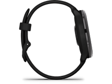 Charger l'image dans la galerie, Smartwatch noire avec bracelet noir. Vue latérale montre le cadran et le bracelet.