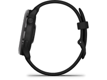 Charger l'image dans la galerie, Montre intelligente noire, vue latérale, bracelet noir, lunette noire, sur fond noir.