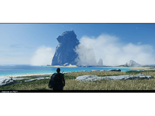 Charger l'image dans la galerie, Une personne regarde un paysage panoramique avec une grande formation rocheuse et l'océan, ciel bleu.