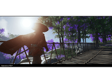Charger l'image dans la galerie, Un samouraï avec un chapeau et une cape sur un pont, avec des arbres violets et un soleil brillant.