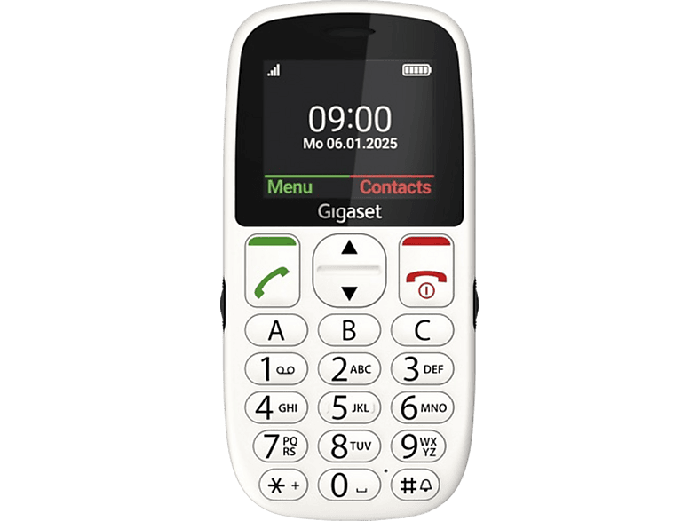 Un téléphone Gigaset blanc affiche 09:00 à l'écran. Il comporte des boutons avec des chiffres et des lettres.