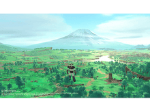 Charger l'image dans la galerie, Une scène de style dessin animé : un robot dans un champ avec une montagne en arrière-plan.