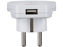 Charger l'image dans la galerie, Adaptateur de voyage blanc avec port USB et broches européennes.