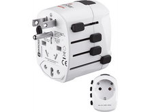 Charger l'image dans la galerie, Un adaptateur de voyage blanc avec plusieurs fiches et un petit adaptateur. L'adaptateur dispose de plusieurs prises.