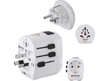 Charger l'image dans la galerie, Adaptateur de voyage universel blanc avec plusieurs types de prises, affiché sous différents angles.