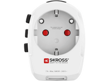 Charger l'image dans la galerie, Adaptateur de voyage blanc avec 3 boutons noirs et prise centrale, logo SKROSS.