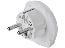 Charger l'image dans la galerie, Un adaptateur blanc avec deux broches, vu de l'arrière, isolé sur fond blanc.