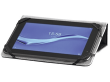 Charger l'image dans la galerie, Tablette dans un étui gris avec des sangles noires. L'écran de la tablette est visible, affichant l'heure.