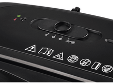 Charger l'image dans la galerie, Gros plan sur une déchiqueteuse de papier noire avec des boutons et des icônes d'avertissement dessus.