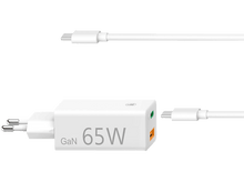 Charger l'image dans la galerie, Chargeur GaN 65W blanc avec deux ports USB-C et un câble détachable. Fond blanc.